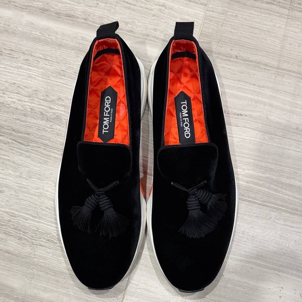 Tom Ford Black Velvet Tassel Slip-Ons with Orange Quilted Lining